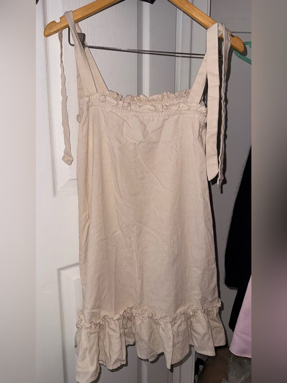 Women’s Cream Ruffle-Hem Tie-Strap Dress